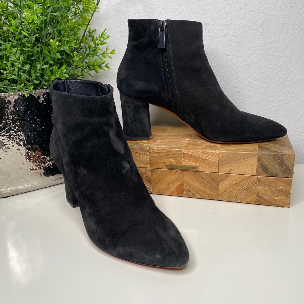 Santoni Black Suede Leather Pointed Toe Zip Block Heel Ankle Boots 38.5EU/8.5US